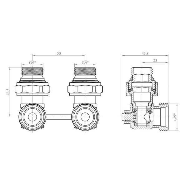 Узел нижнего подключения 1/2x3/4ЕК OGINT угловой двухтруб - 022-4040 