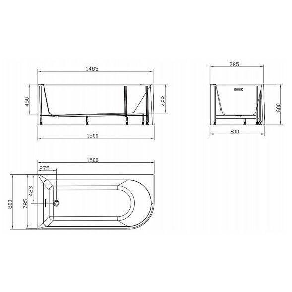 Ванна акриловая Azario Sheer A 1500x800x600 пристенная, правосторонняя, в комплекте с сифоном и металлической рамой (AZ-1859-B-1.5)