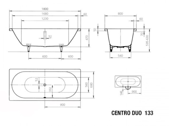 Ванна стальная Kaldewei Centro Duo 180х80 см, 133, толщина 3.5мм, антискользящее покр.