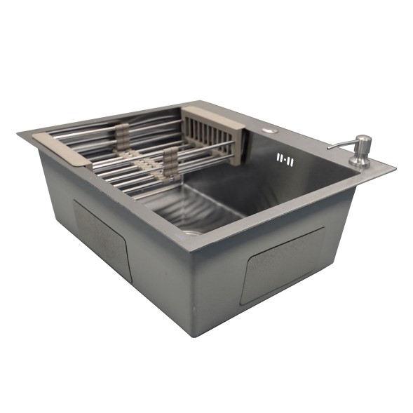 Кухонная мойка AZARIO NICOLE (600*500*220) нержавеющая сталь серебро (сифон, диспенсер,коландер) (AZS6050N)