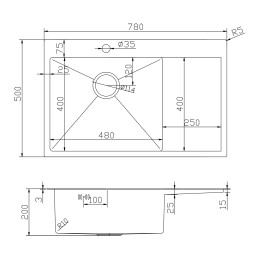 Мойка настол.монтаж 78х50 (3,0) лев. вып 3 1/2  MIXLINE PRO 20см с сифоном (золото) - 552918 