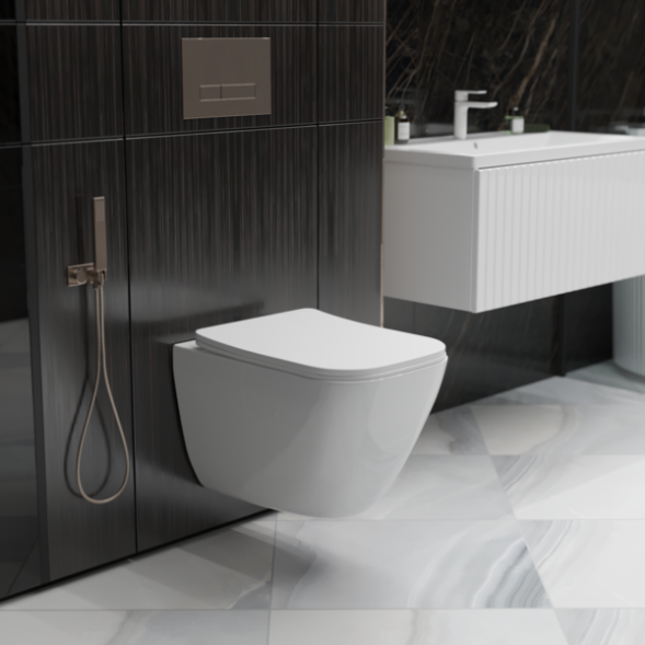 Унитаз подвесной безободковый WAVE STRONG Tornado3.0, сид. дюропласт, м/л, быстр, БЕЛЫЙ глянец (L) - 553610 