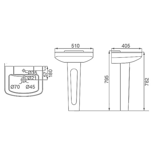 Раковина с пьедесталом Creo Ceramique PROJECT 510х405х795 керамика, белый глянцевый (PR3100+PR3110)