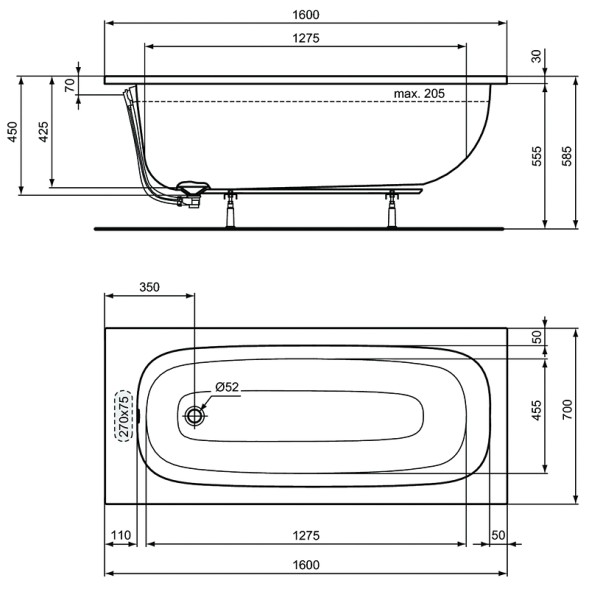 Промо-набор Ideal Standard 4 в 1: Ванна акриловая 160х70см, ножки, фронтальная панель, крепеж для фронтальной панели (PT475867)