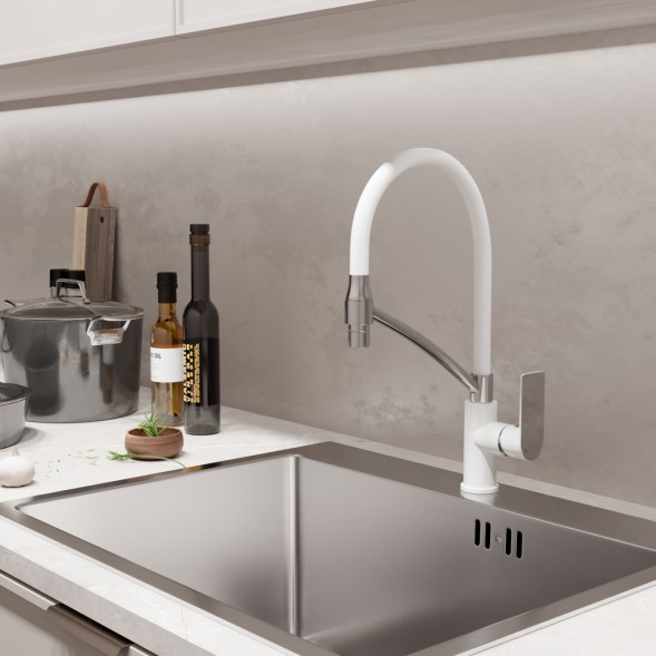 Смеситель для кухни 35k MIXLINE ML33-108 &amp;quot;City White&amp;quot; гибкий излив боковая ручка БЕЛЫЙ/ХРОМ - ML33-108 