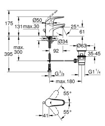 Смеситель для раковины GROHE Euroeco с донным клапаном, хром (23262000)