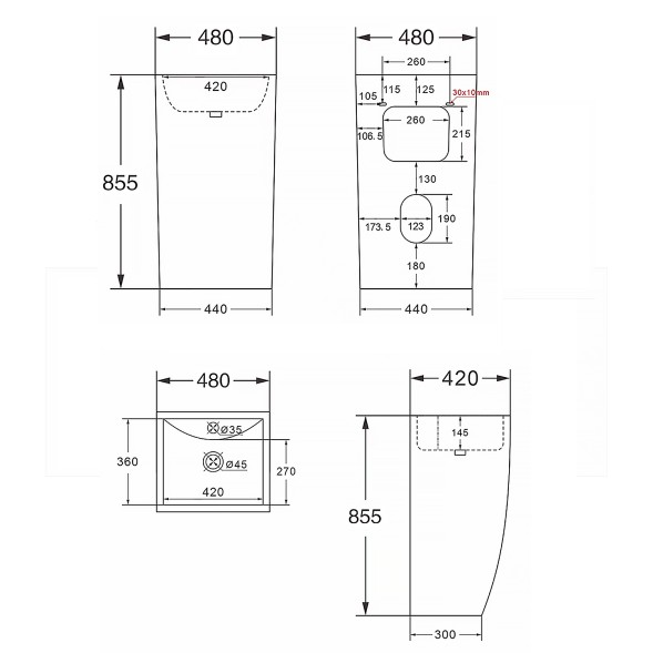Раковина напольная Azario COMELLA 480х420х830 отдельностоящая прямоугольная, белый (AZ-314)
