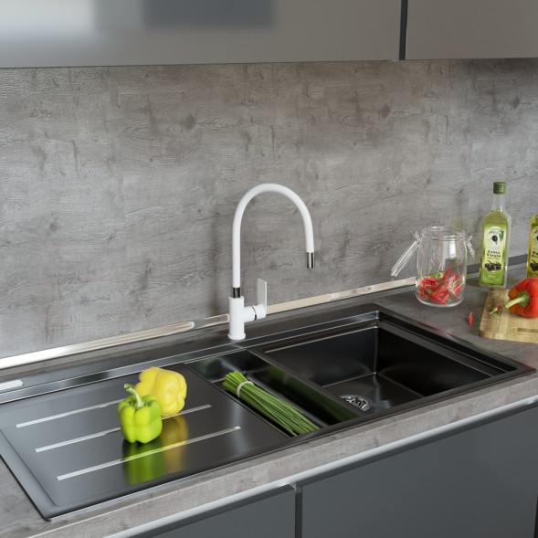 Смеситель для кухни 35к MIXLINE ML33-098 &amp;quot;City White&amp;quot; гибкий излив, б/отв, боковая ручка БЕЛЫЙ/ХРОМ - ML33-098 