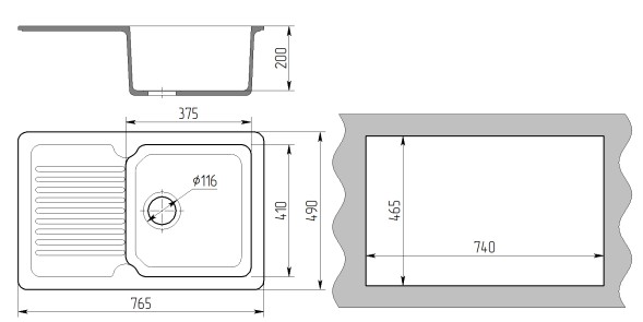 Мойка ML-GMS24 СТАНДАРТ с крылом, черный (308), 765*490*200мм - 00-00005066 